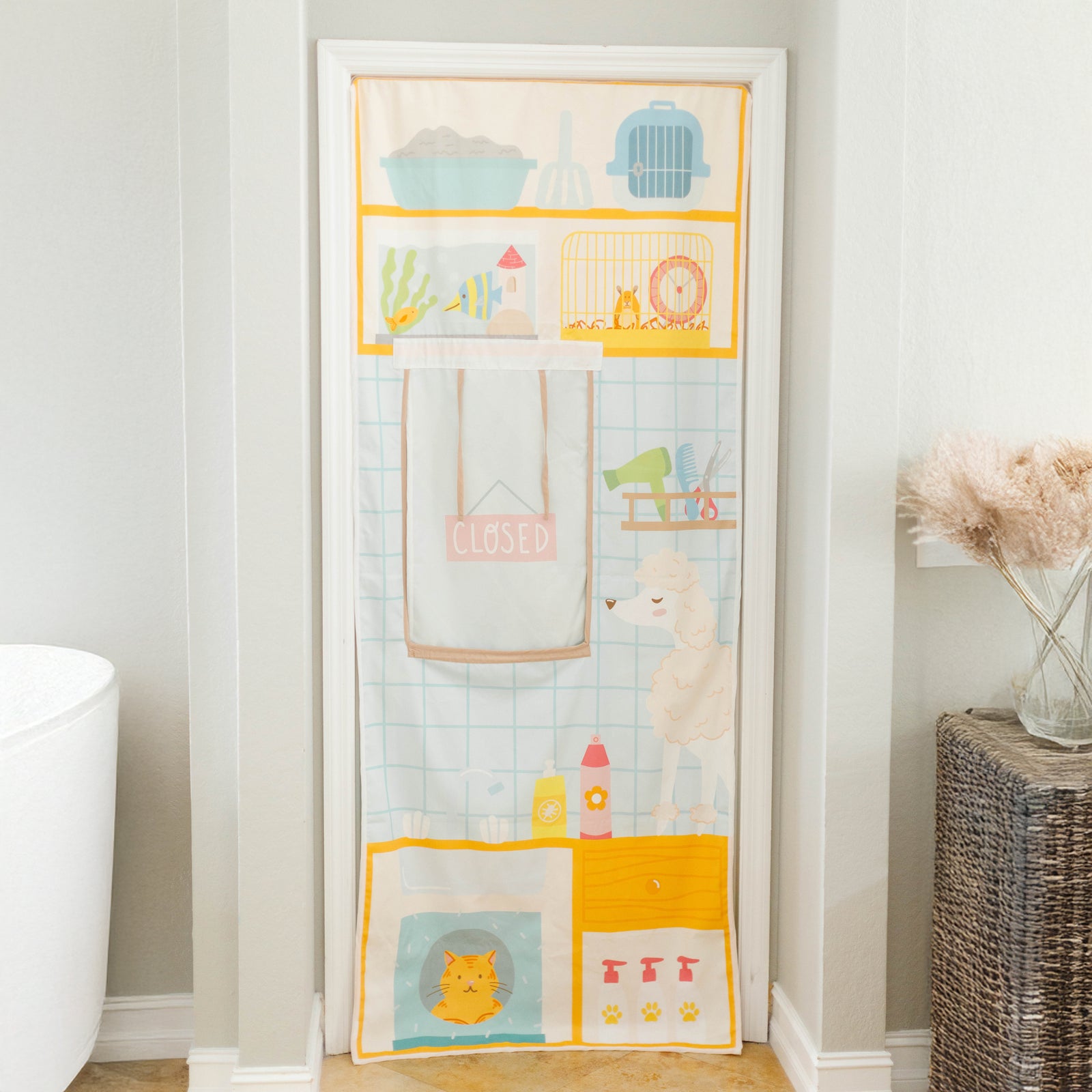 Decorative door hanging with cartoon animals and 'Pet Shop' text on a white background