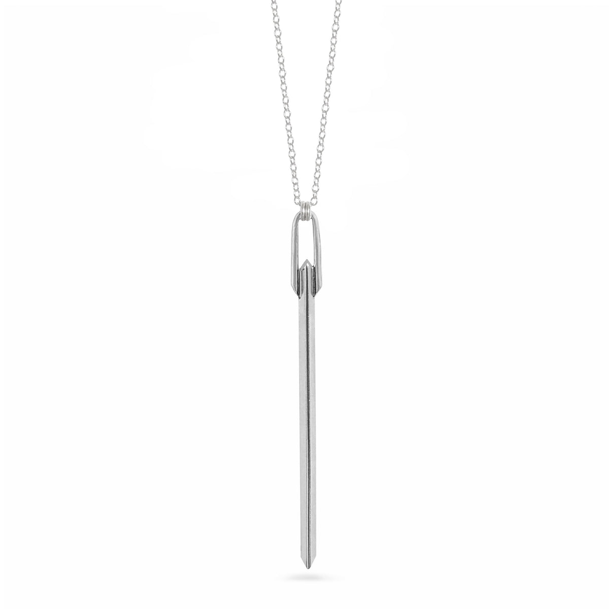 Silver necklace with a unique pendant on a white background