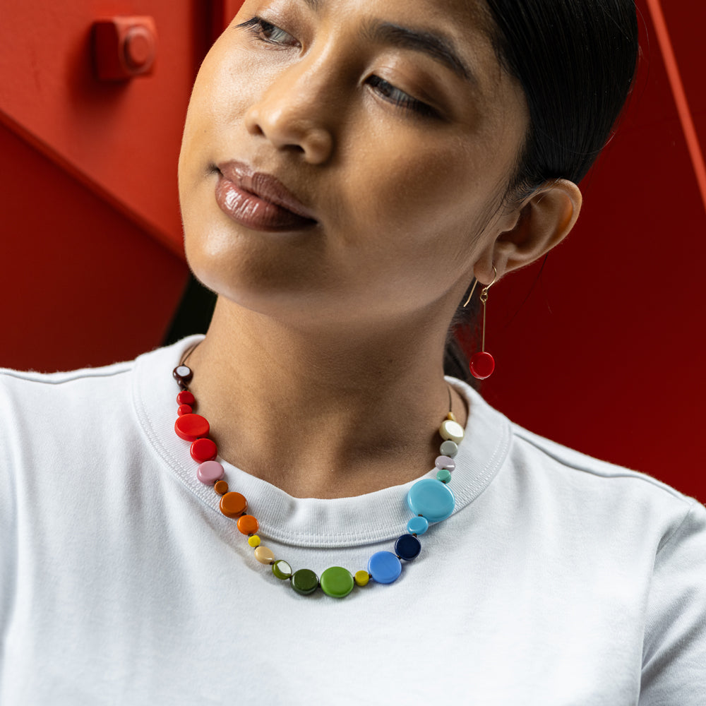 Colorful bead necklace on a white background