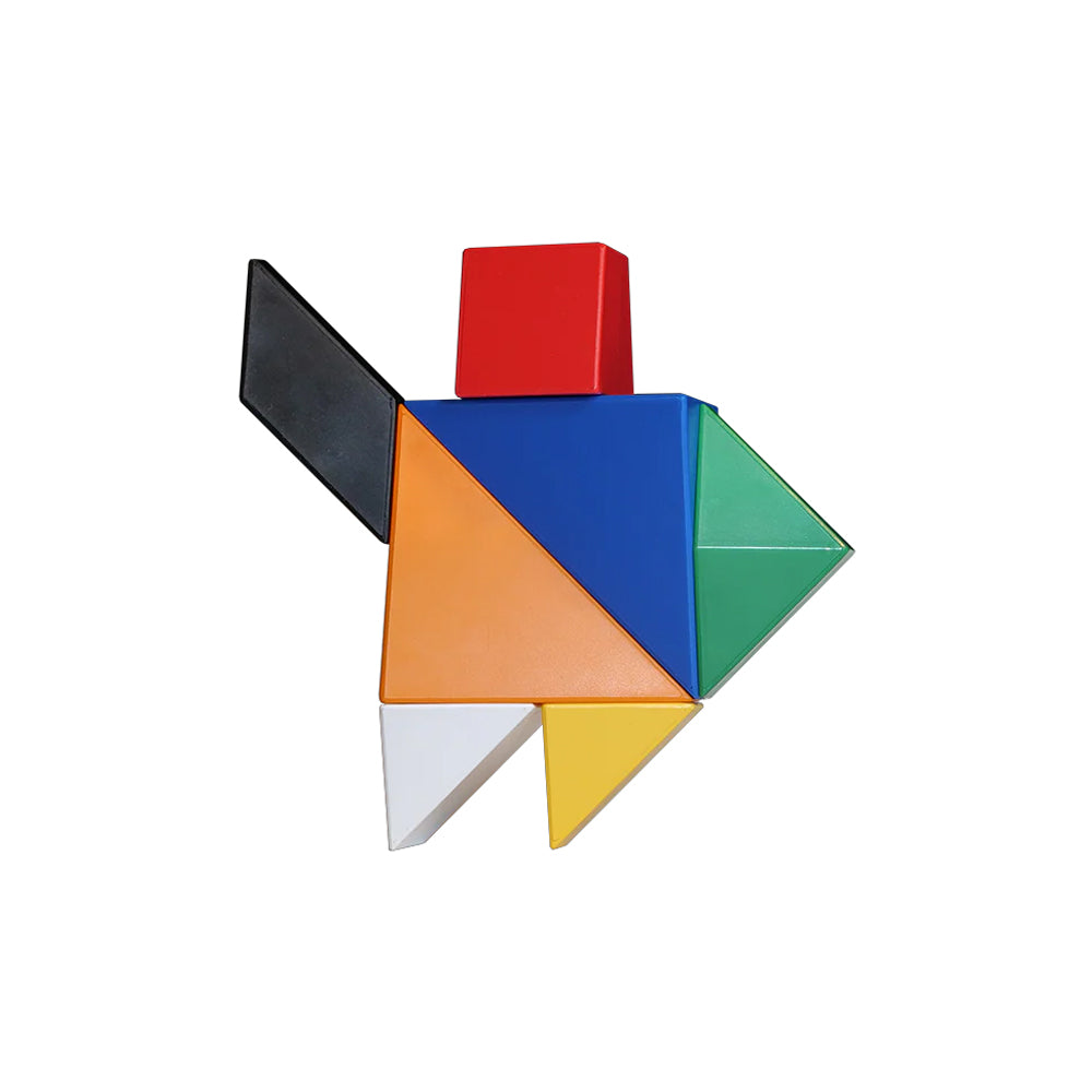 Colorful geometric shapes arranged in a pattern on a white background
