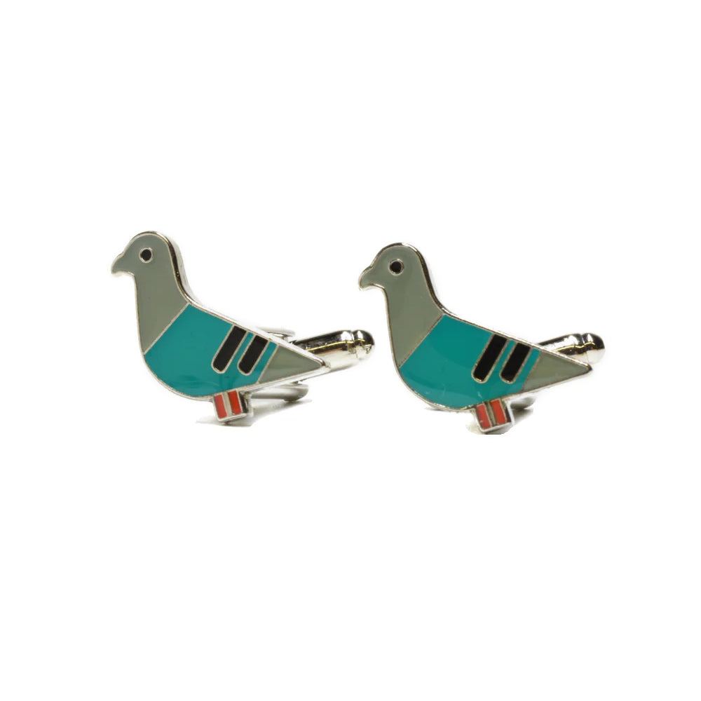Pair of pigeon-shaped cufflinks on a white background