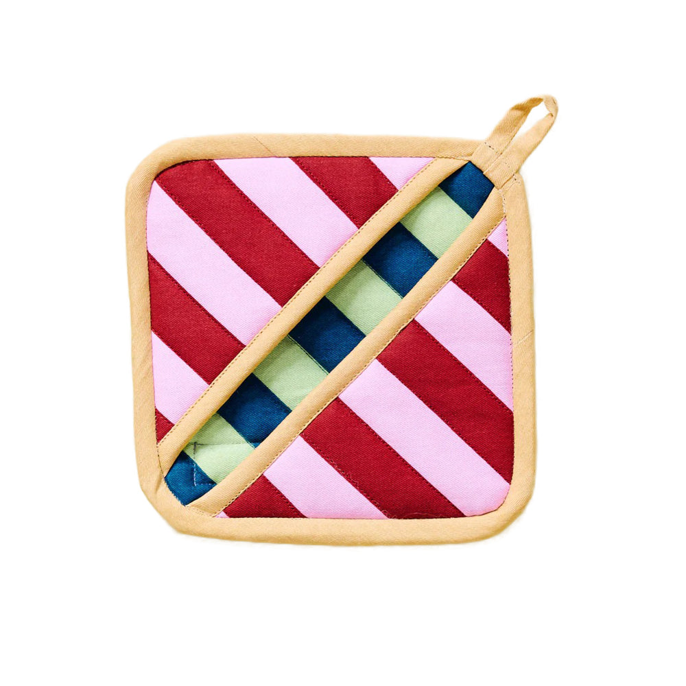 Colorful striped pot holder on a white background