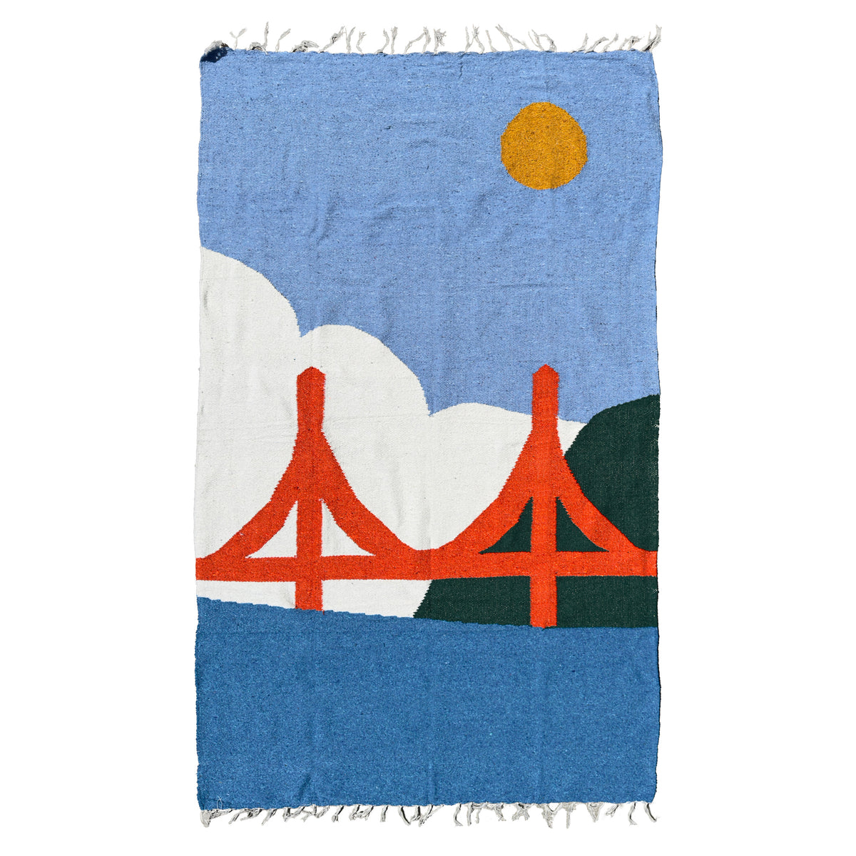 Textile with a bridge design on a blue background