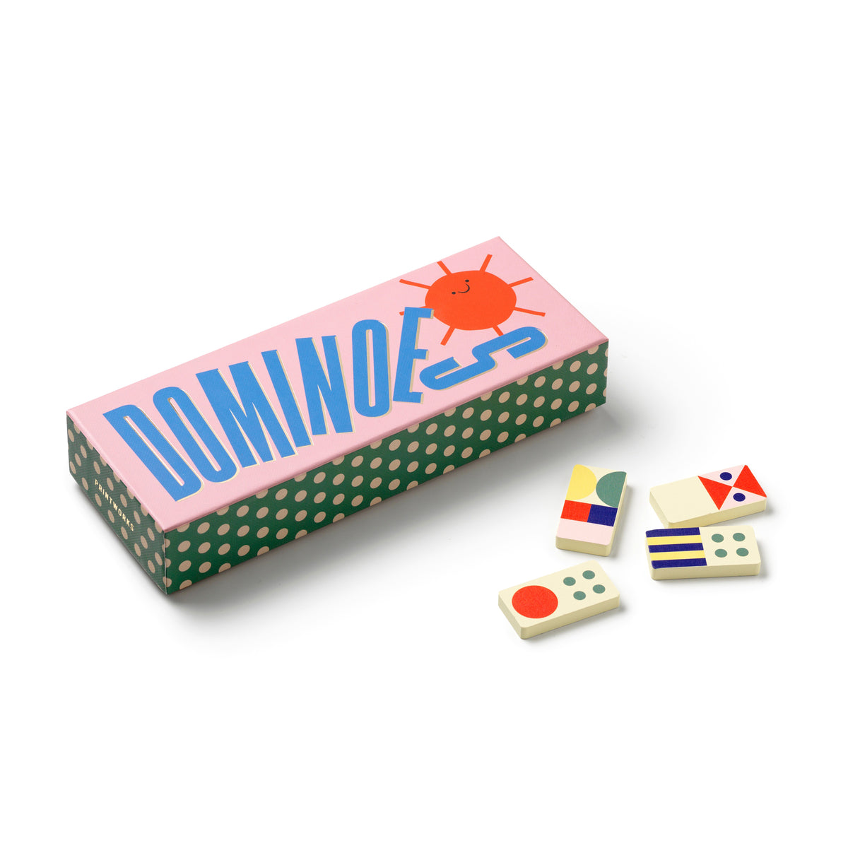 A colorful wooden domino game set shown with its illustrated storage box and several loose domino tiles on a clean white background.