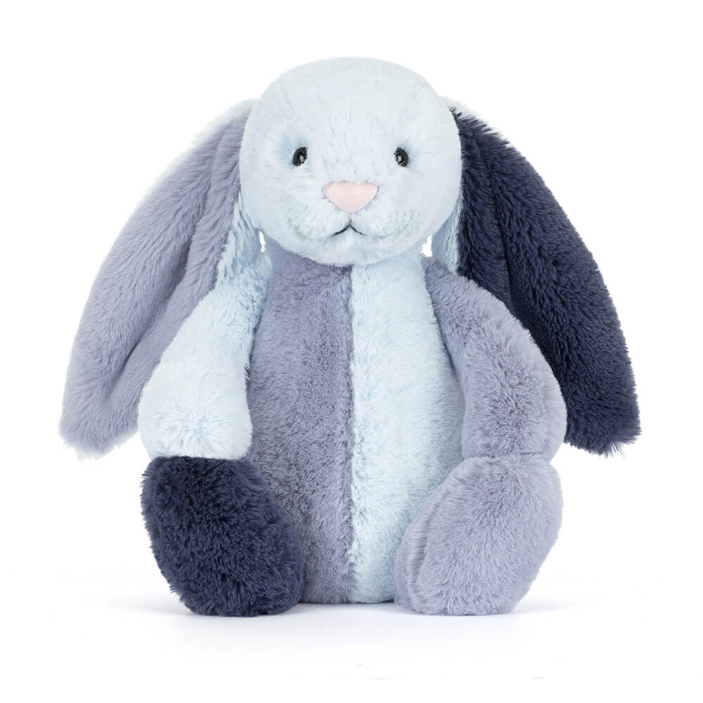 Plush toy rabbit with gray and blue color scheme on a white background