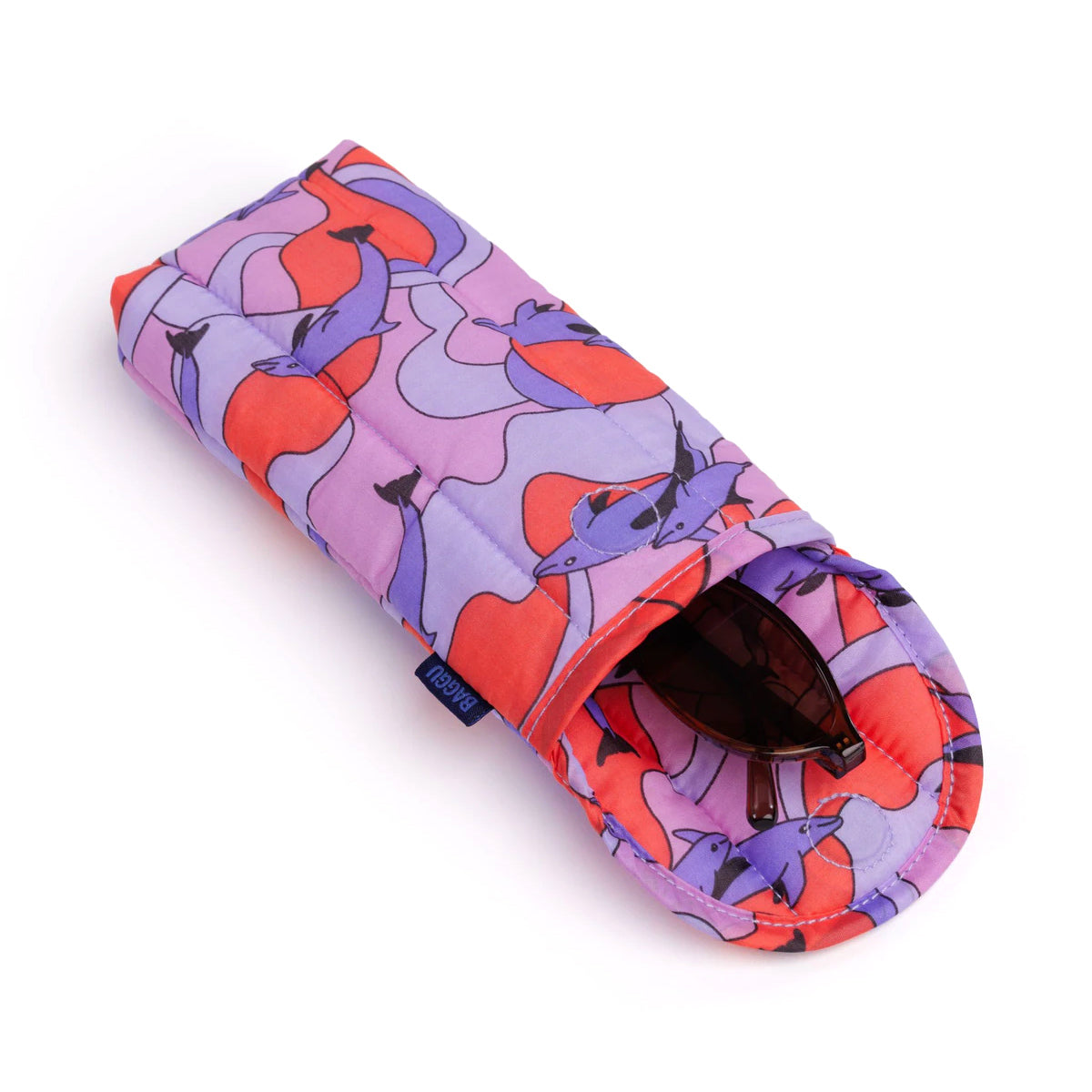 Colorful sunglasses case with abstract dolphin design on a white background