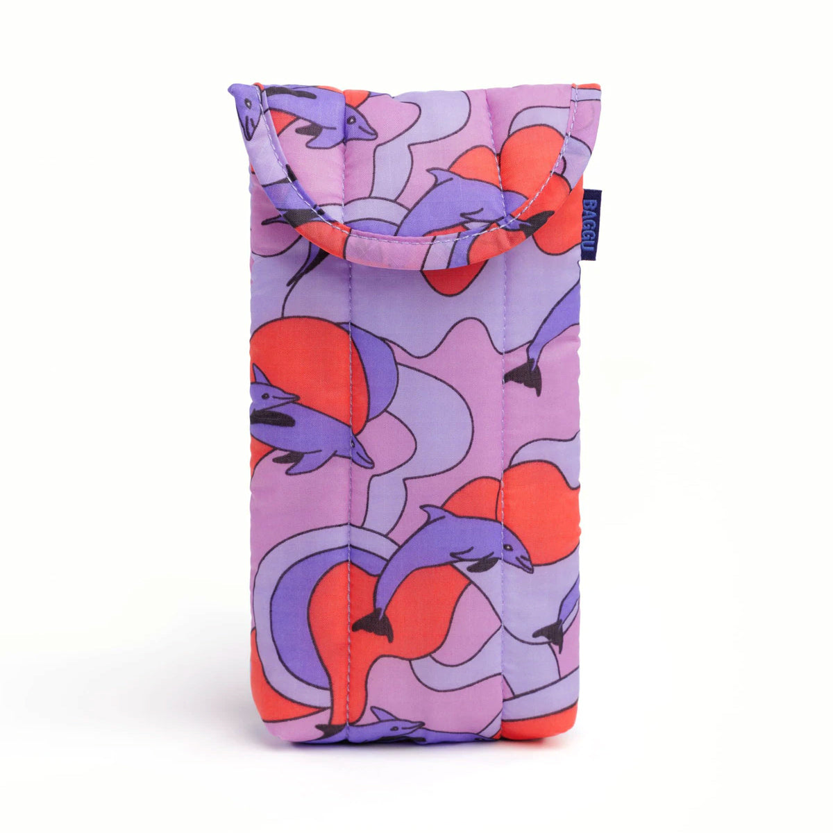 Colorful sunglasses case with abstract dolphin design on a white background