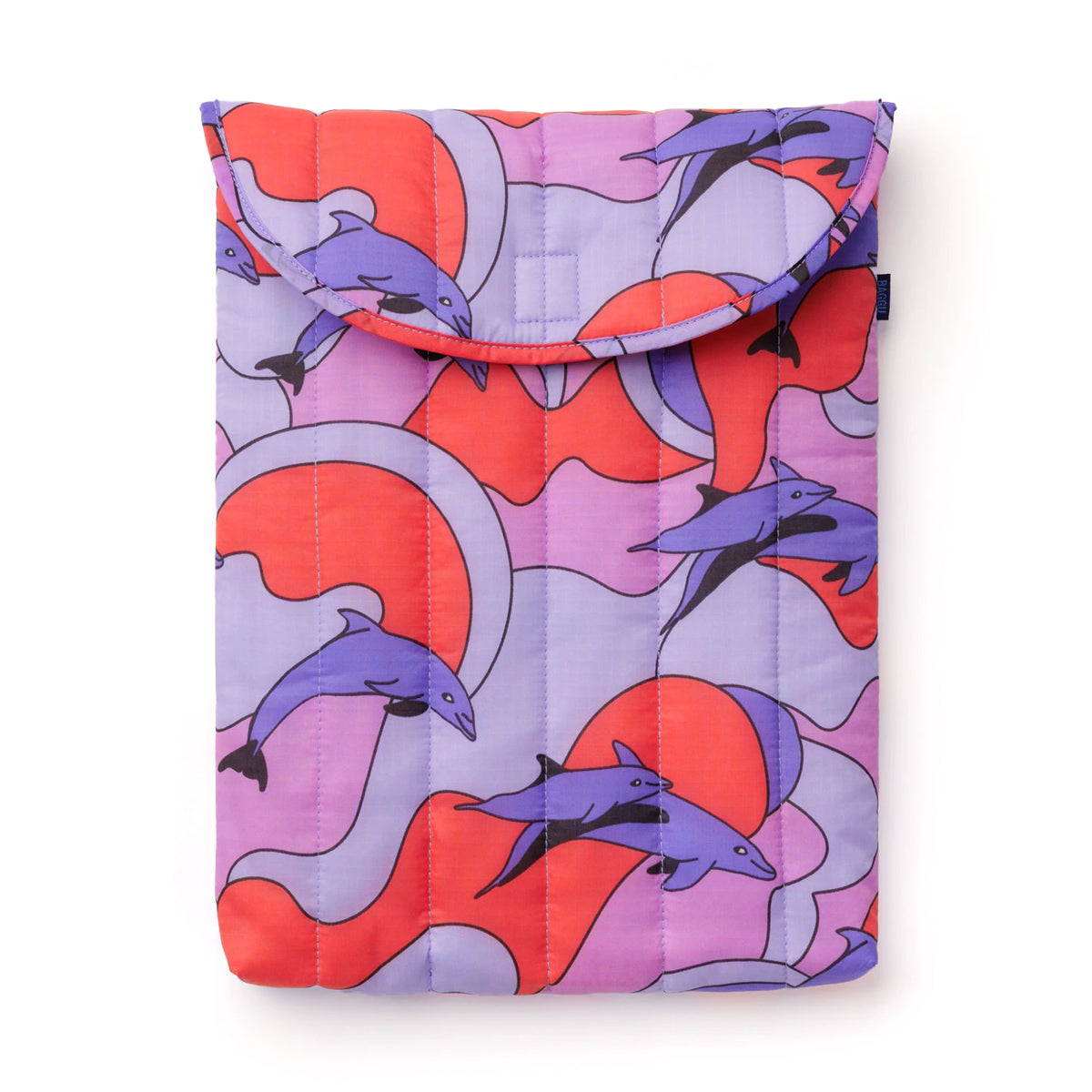 Colorful laptop sleeve with dolphin pattern on a white background