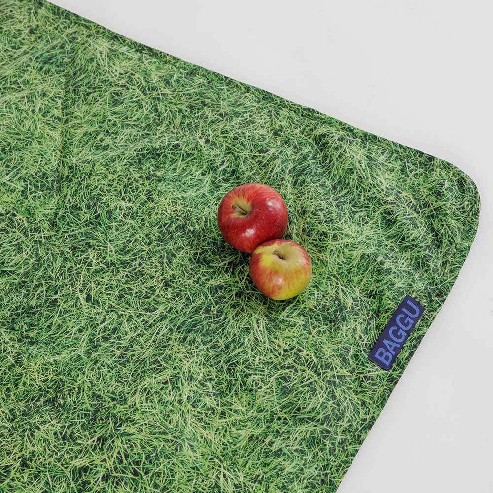 Baggu Picnic Blanket with grass print folded up and held closed by velcro straps.
