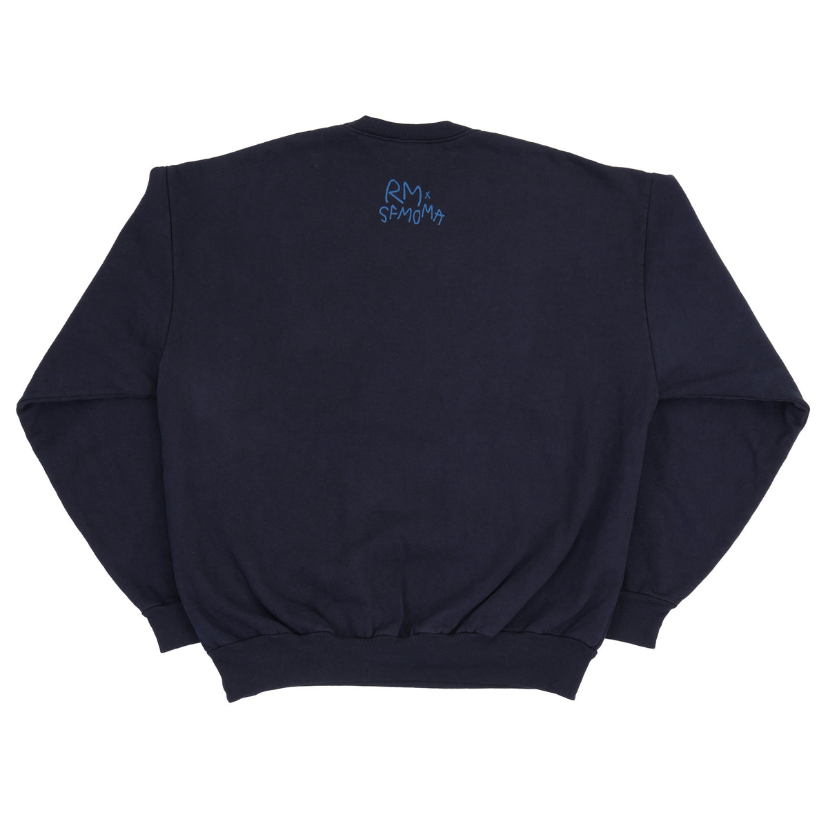 A dark navy blue crewneck sweatshirt shown from the back, featuring a small blue graphic logo near the upper back, displayed on a clean white background.