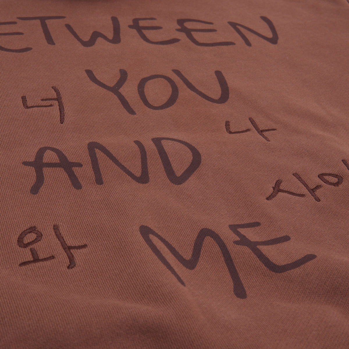 Close-up of a brown fabric surface with dark embroidered and printed script.