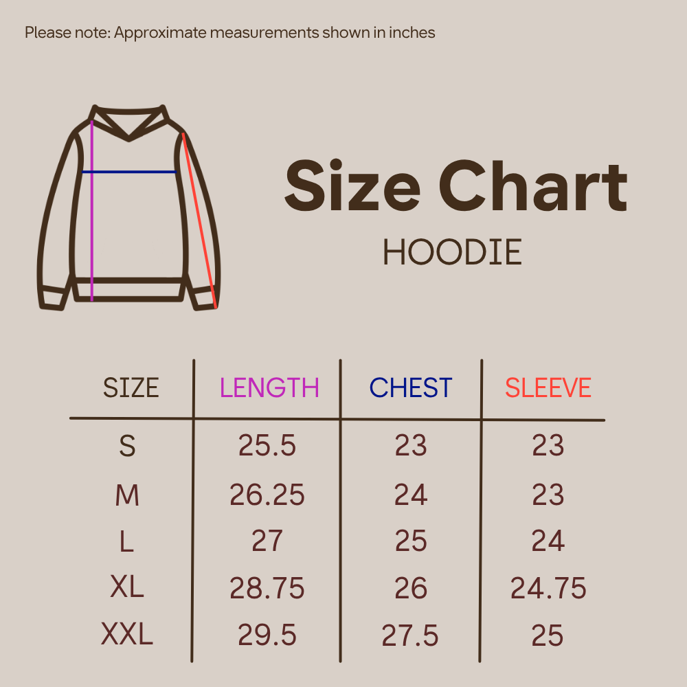 A size chart graphic for a hoodie, showing a simple line drawing of a hooded sweatshirt with measurement lines and a table listing sizes S through XXL with length, chest, and sleeve measurements in inches on a beige background.