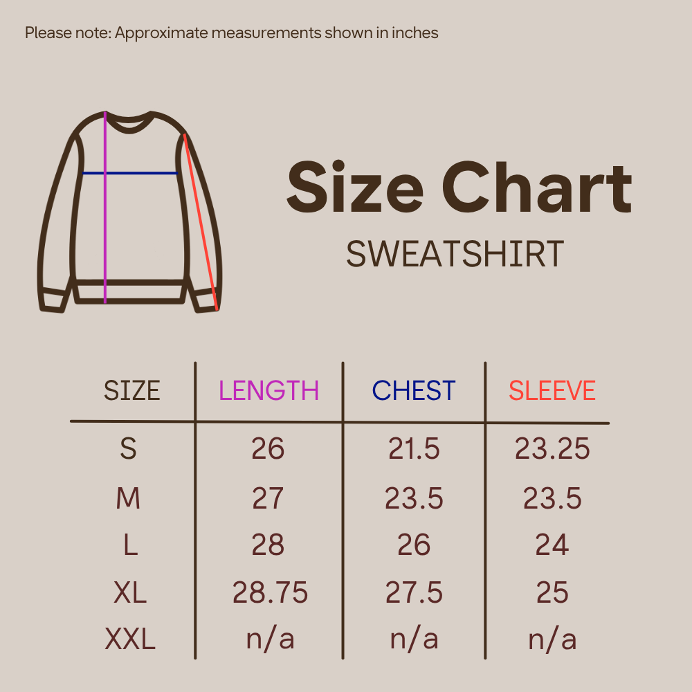 A size chart graphic for a hoodie, showing a simple hoodie outline with measurement lines and a table listing sizes S through XL with length, chest, and sleeve measurements on a beige background.
