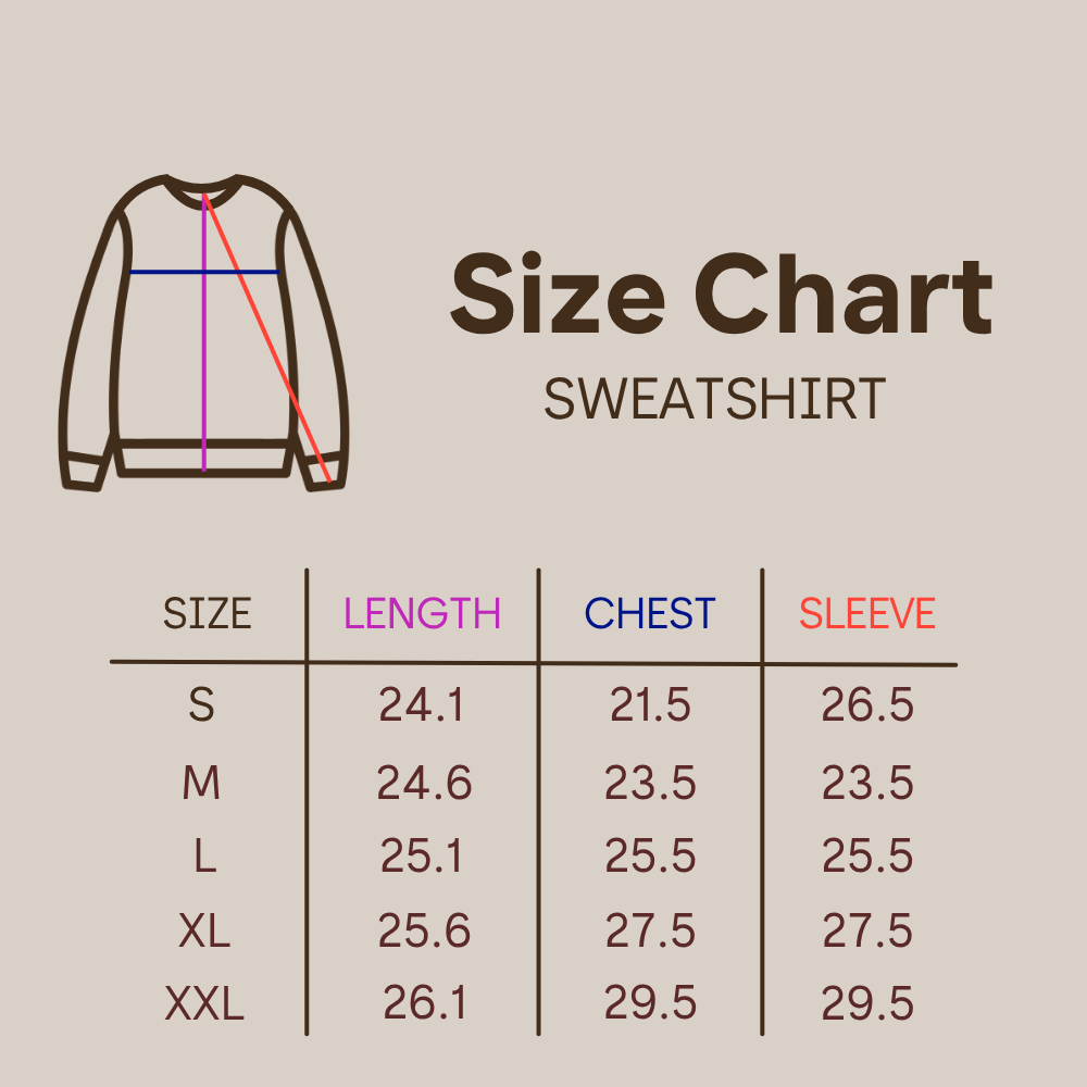 A size chart graphic for a sweatshirt showing a simple line drawing of a long-sleeve top with measurement guides and a table listing sizes S through XXL with length, chest, and sleeve measurements on a beige background.