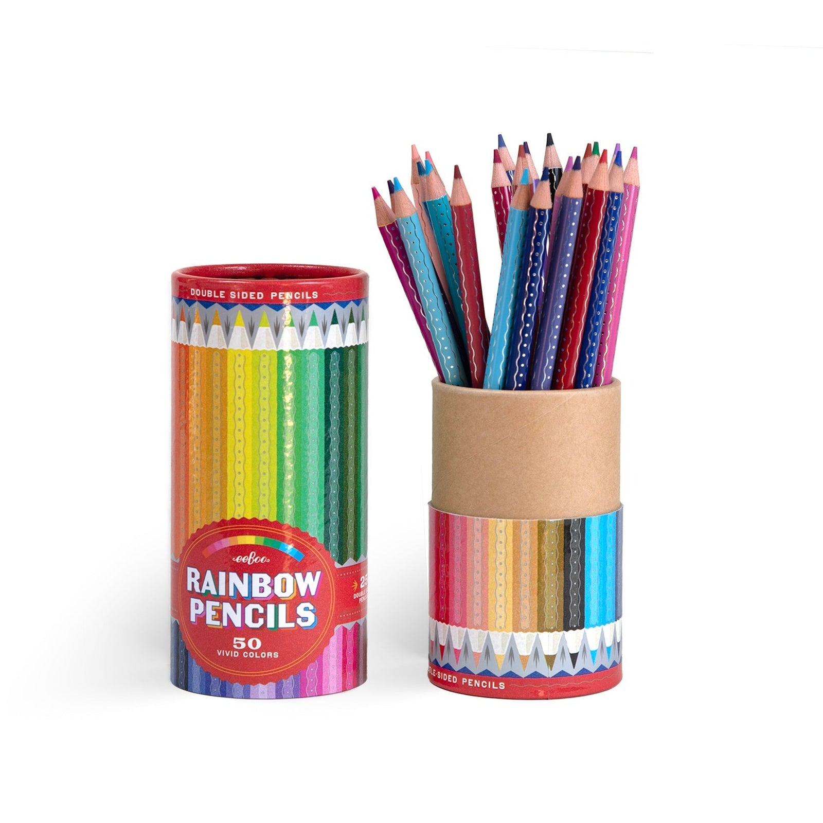 Set of rainbow-colored pencils with a cylindrical holder and packaging on a white background