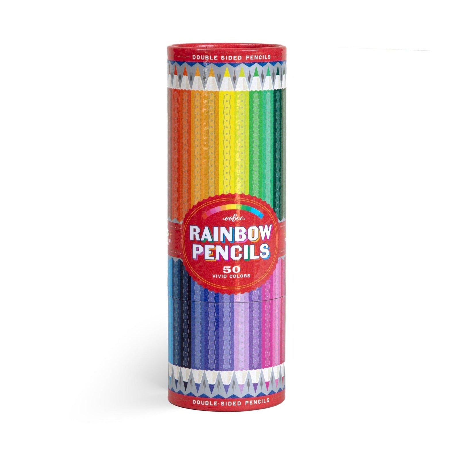 Set of rainbow-colored pencils with a cylindrical holder and packaging on a white background