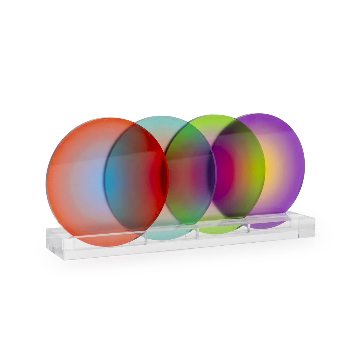 Four colored acrylic coasters (red, green, blue, purple) on a white background