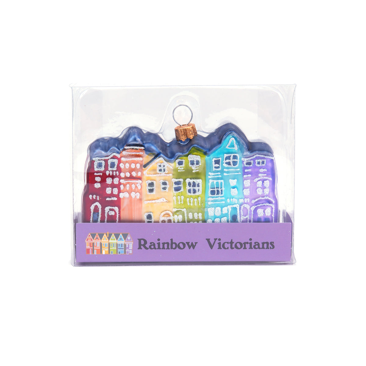 Packaged ornament with colorful houses labeled 'Rainbow Victorians' on a white background