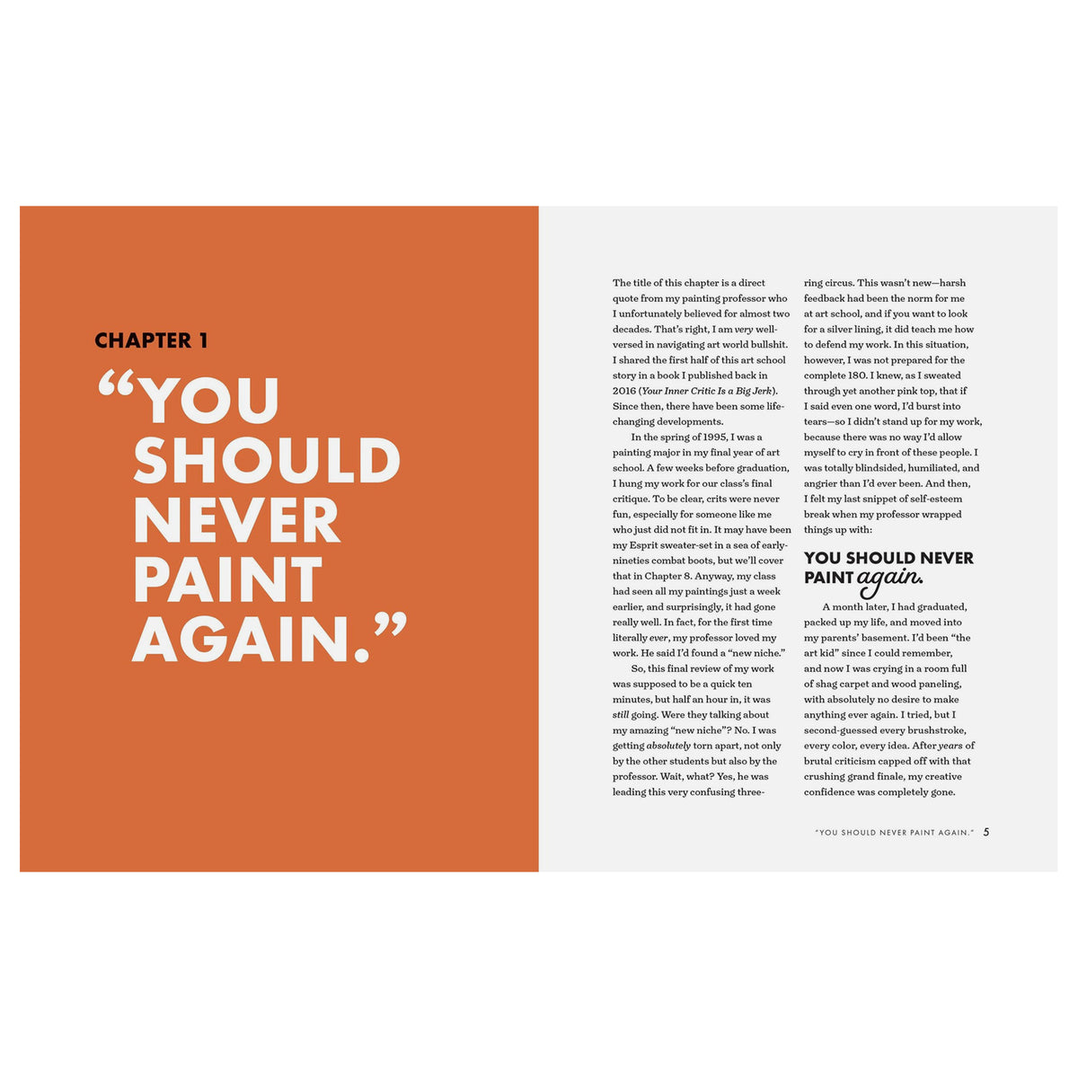 A book interior page showing Chapter 1 with a large orange title block reading “YOU SHOULD NEVER PAINT AGAIN.” and black serif body text on the right, on a white page background.