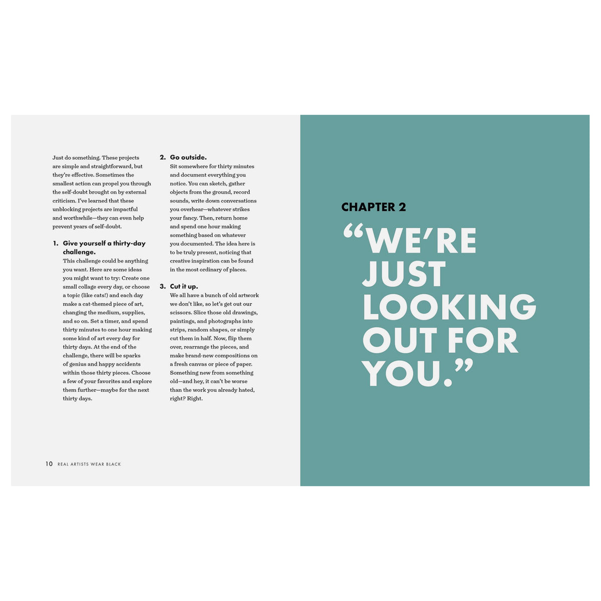 An open book spread showing a printed page with text on the left and a large teal panel with the title 'CHAPTER 2' and the quote 'WE'RE JUST LOOKING OUT FOR YOU.' on the right.