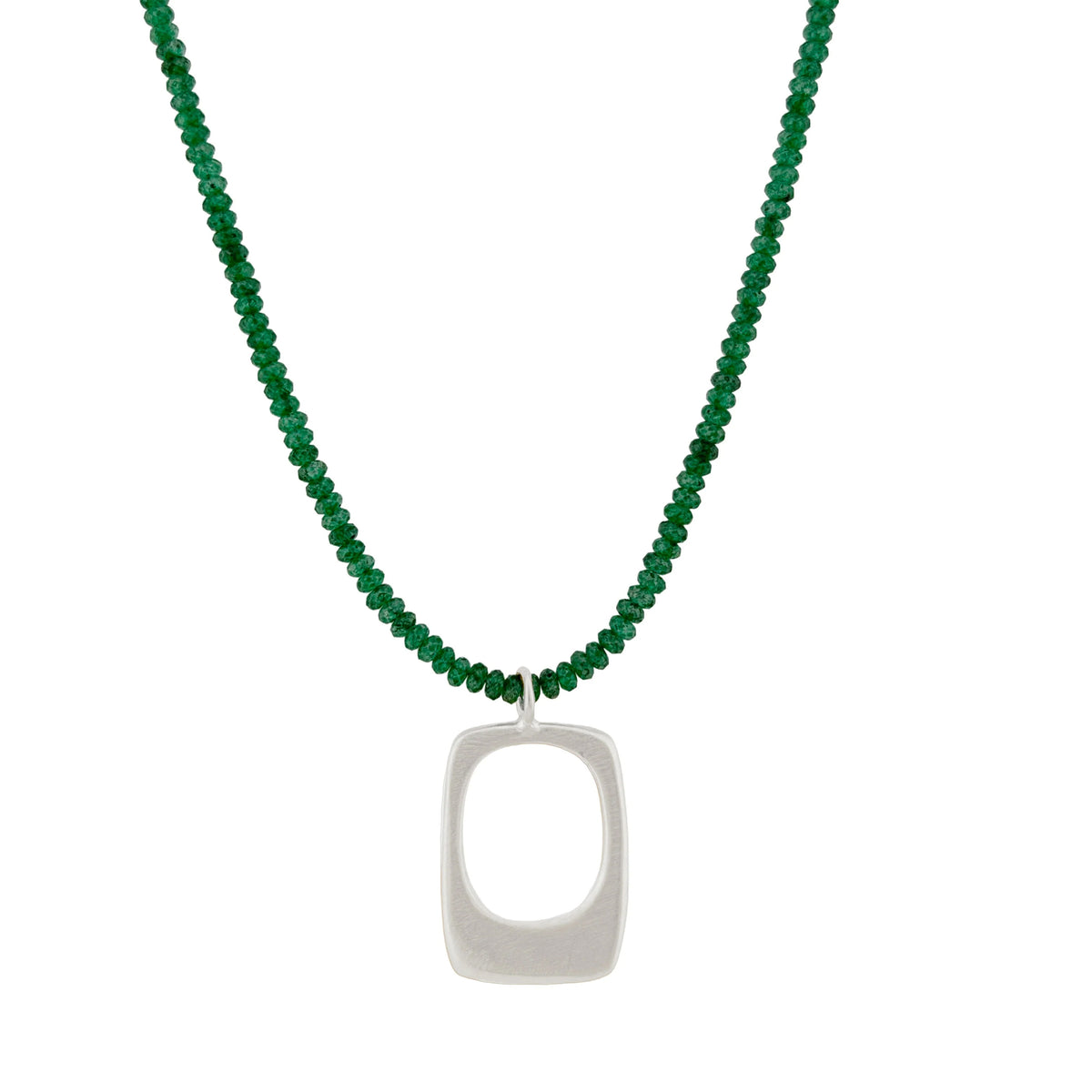 A beaded necklace featuring a strand of small green faceted beads and a polished silver pendant with an open rectangular shape, shown against a plain white background.