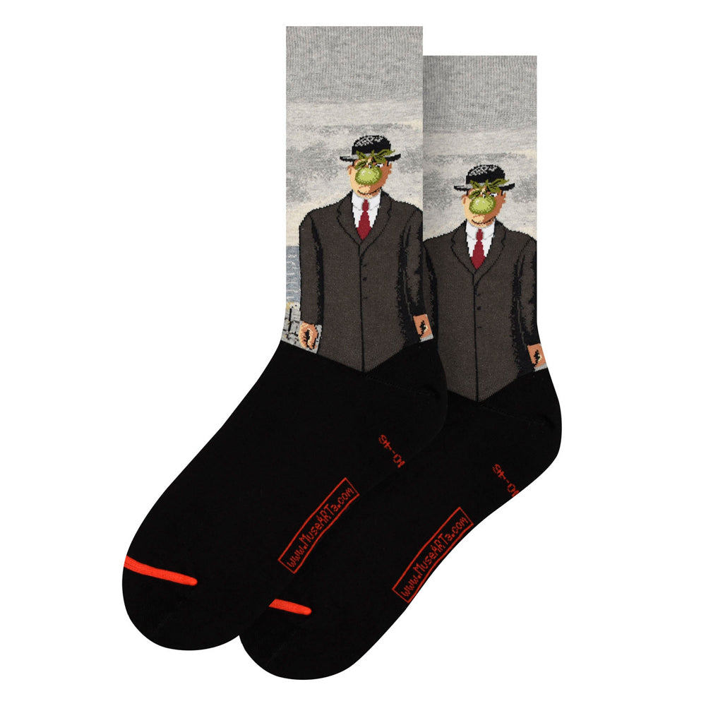 Black socks with a graphic of a man in a suit and hat on a white background