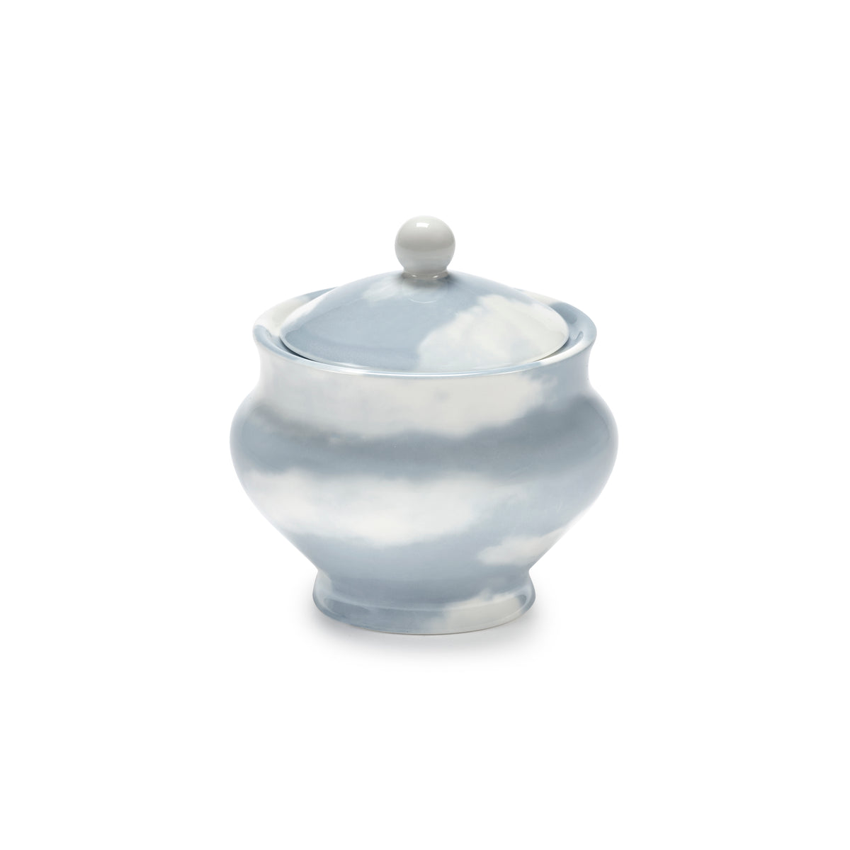 An porcelain sugar bowl featuring a sky and cloud pattern in light blue and white, shown on a plain white background.