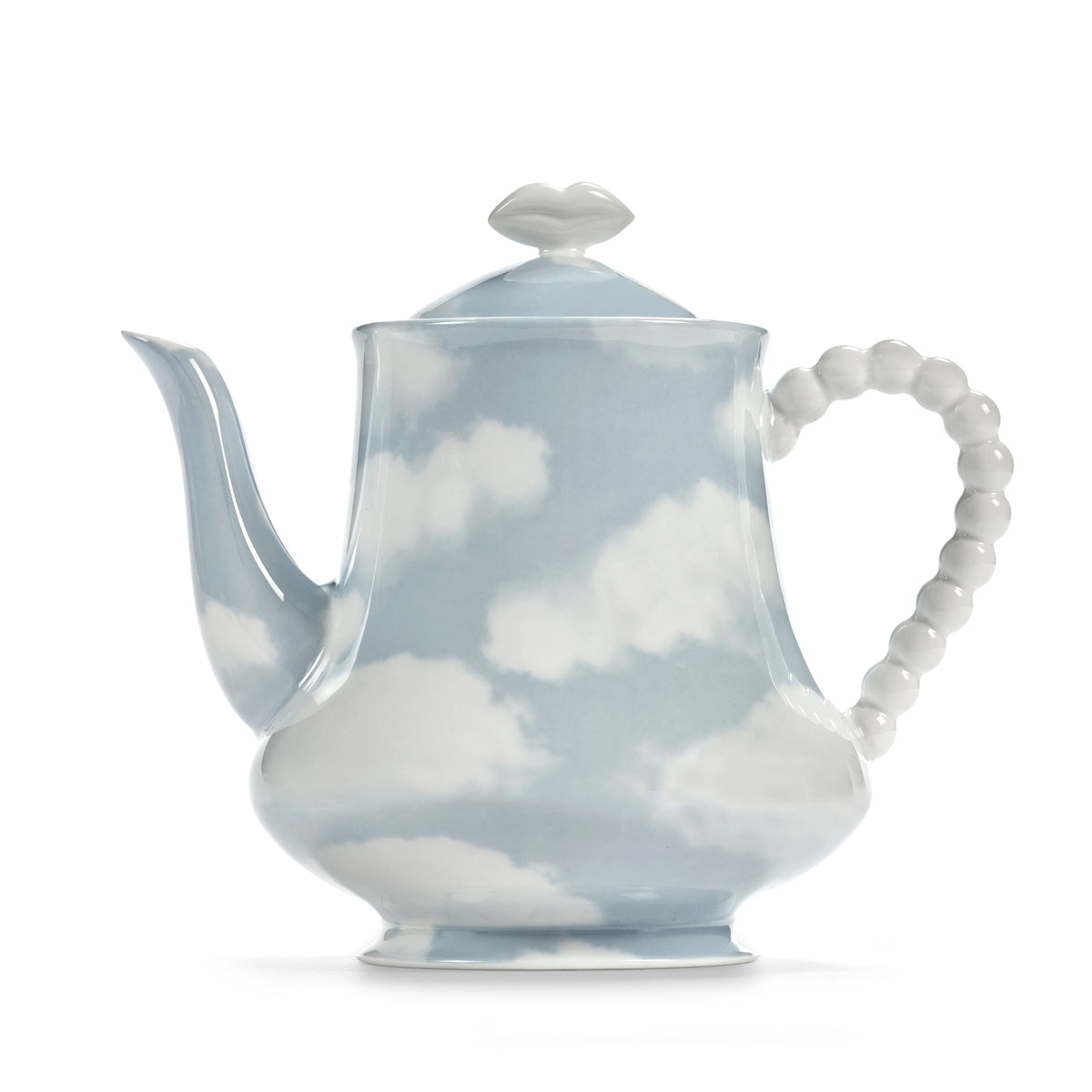 A porcelain teapot with a sky-blue and white cloud pattern, featuring a beaded handle and a small cloud-shaped lid knob, set against a plain white background.