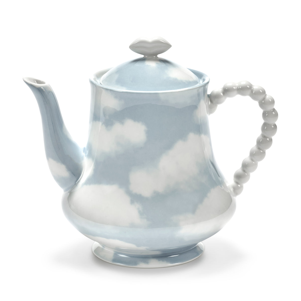 A porcelain teapot with a sky-blue and white cloud pattern, featuring a pearl-beaded handle and lid knob, set against a plain white background.