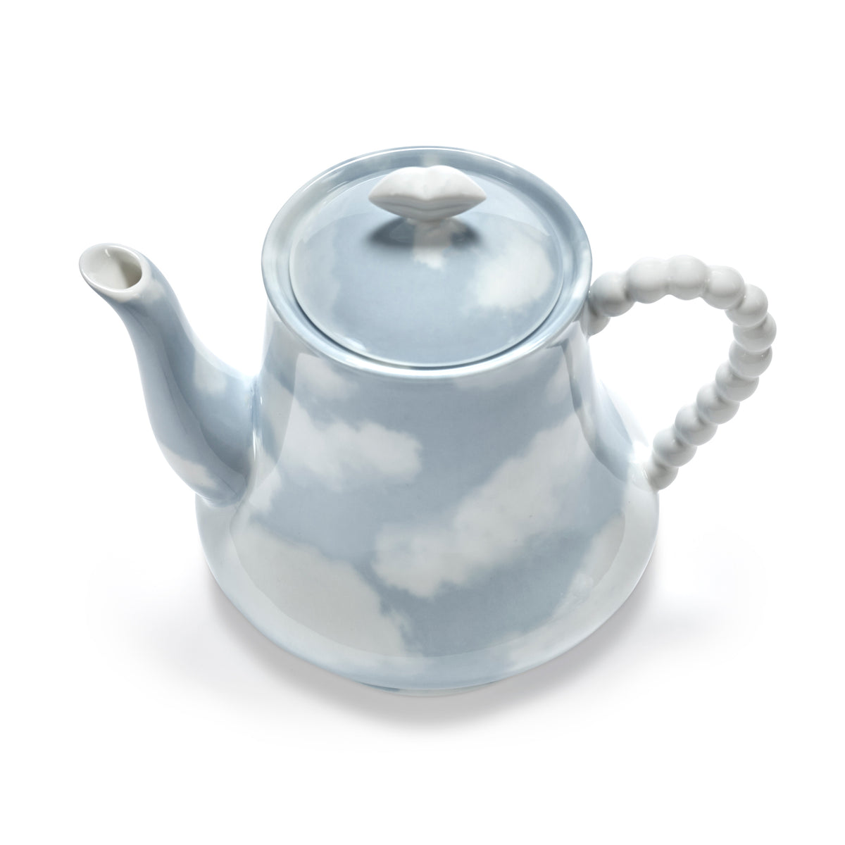 A light blue and white porcelain teapot with a sky-and-cloud pattern, featuring a beaded handle and a matching lid, shown on a clean white background.