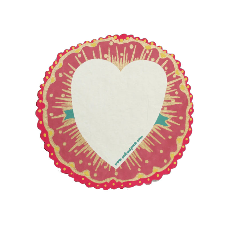 Heart-shaped design card with a pink and red border on a white background