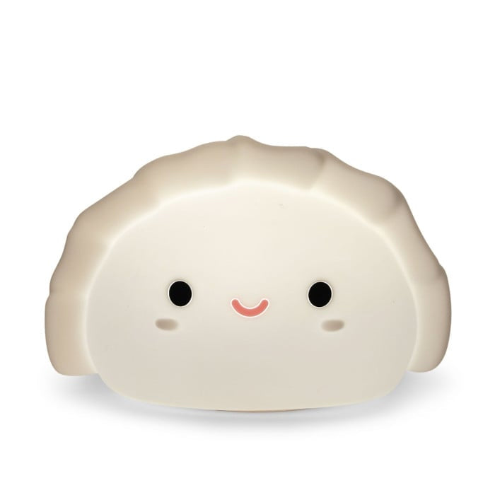 Cute, rounded cream-colored object with black eyes and a pink mouth on a white background