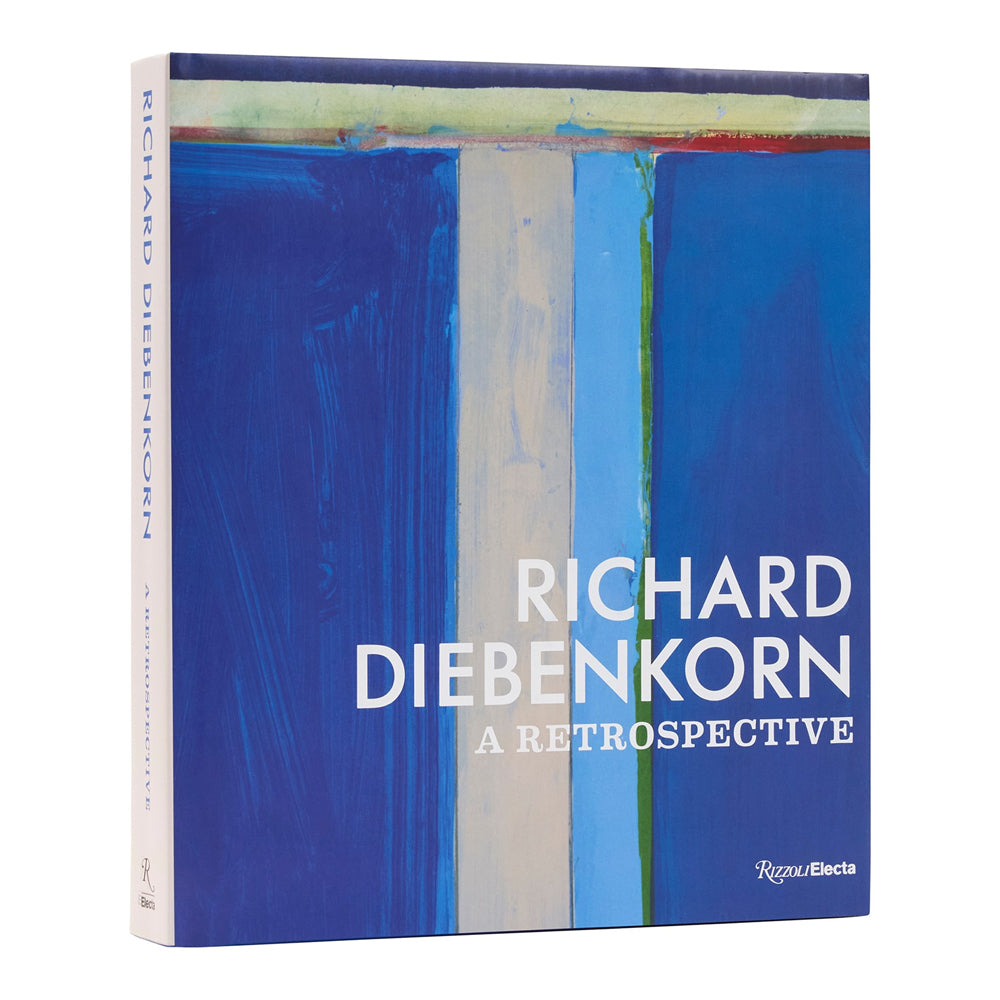The book cover of 'Richard Diebenkorn: A Retrospective' featuring an abstract painting design with vertical blue, white, and light blue brushstrokes, on a clean white background.