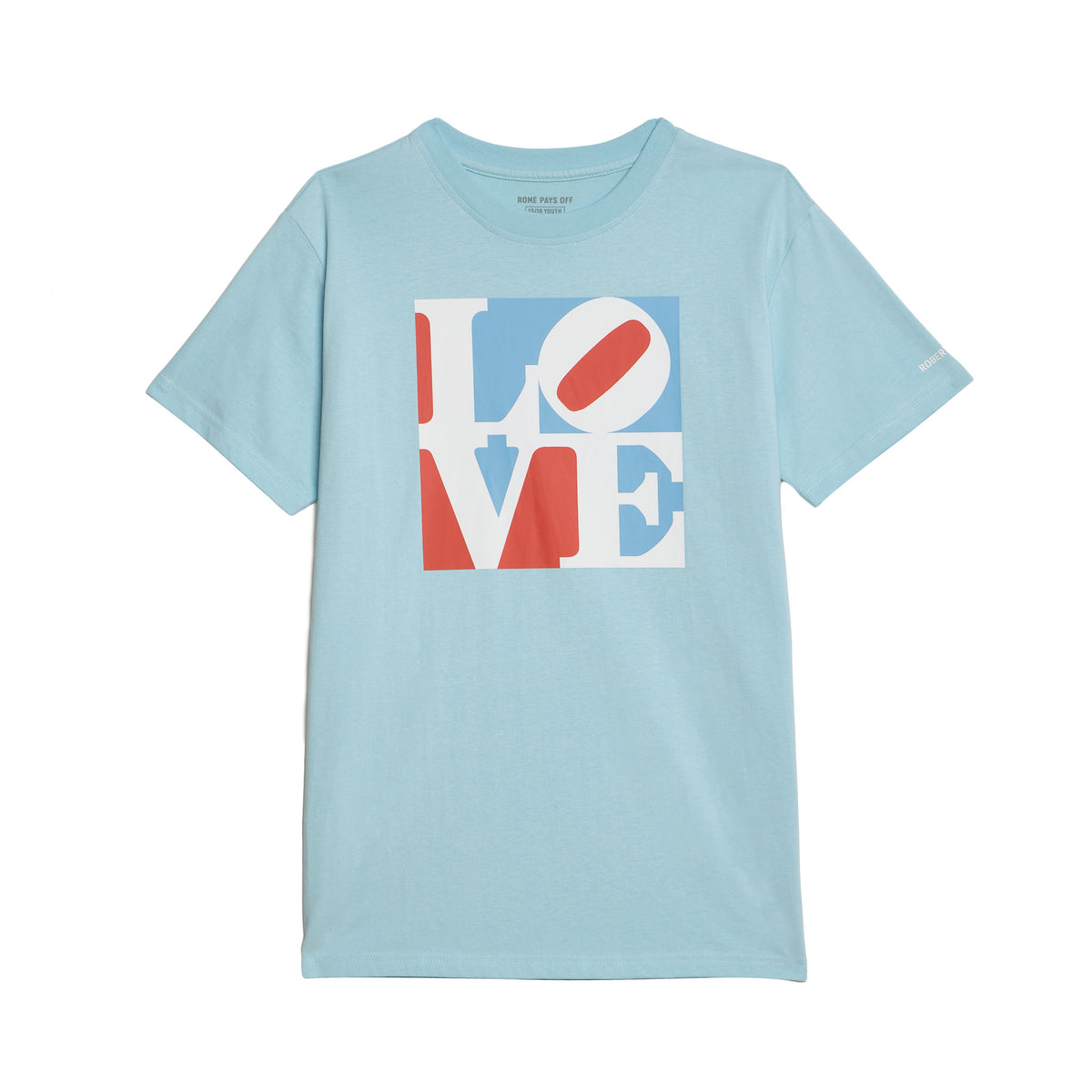 Light blue t-shirt with a colorful 'LOVE' graphic on a white background