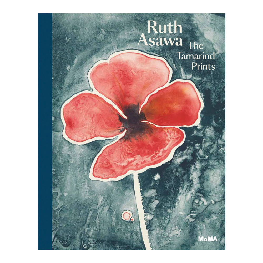 Book cover with a red flower illustration and 'Ruth Asawa The Tamarind Prints' text on a textured background
