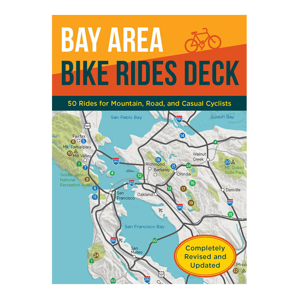 Cover of &#39;Bay Area Bike Rides Deck&#39;, map of SF Bay and surrounding region.