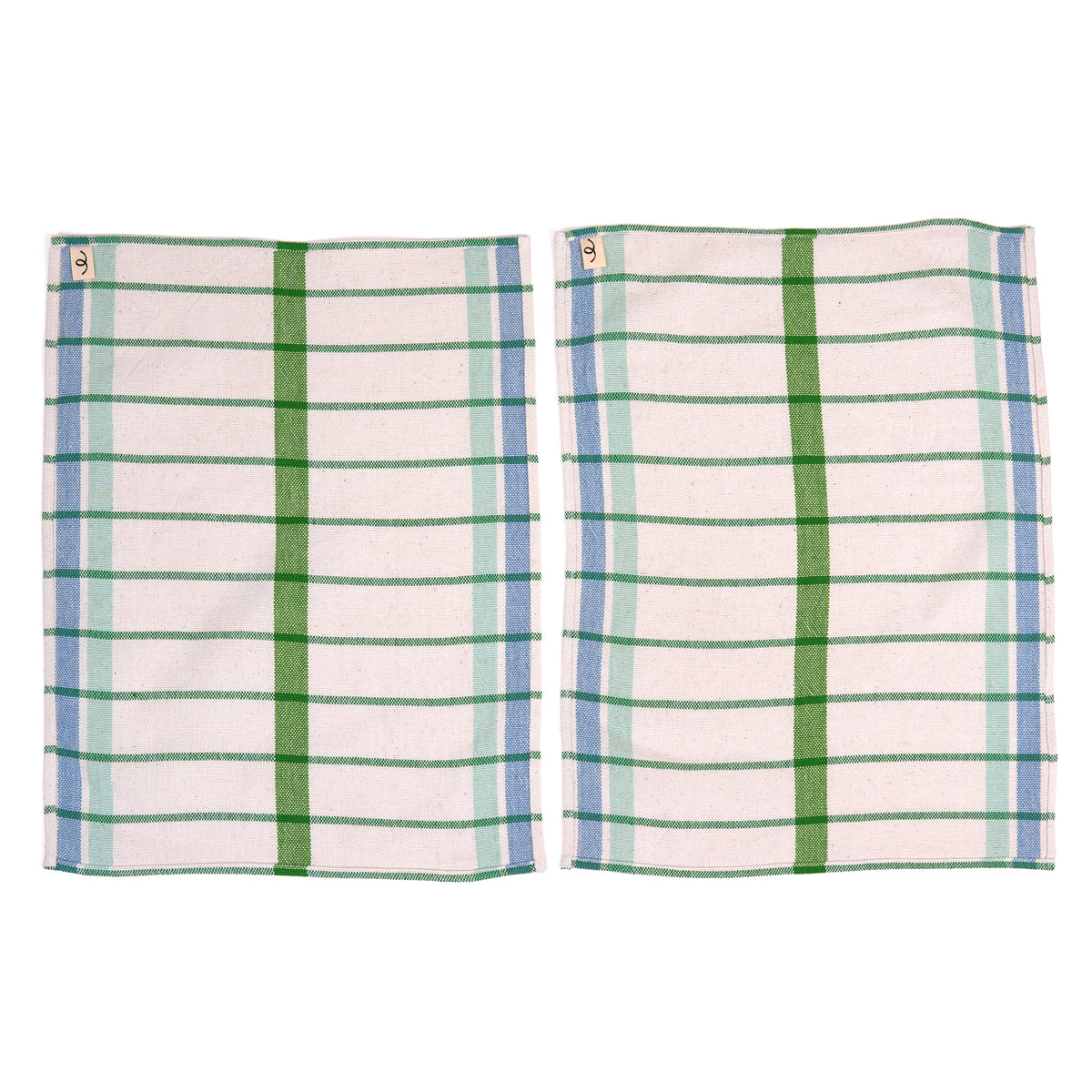Two rectangular striped placemats laid flat side by side on a white background. The placemats have an off white base with green vertical stripes, thin green horizontal stripes, and blue vertical side stripes.