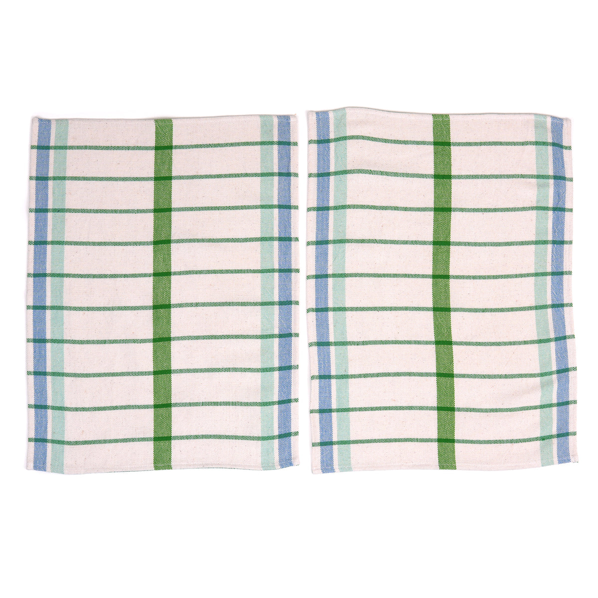 Two placemats with a white base, featuring a green vertical stripe, green horizontal stripes, and blue vertical stripes on a plain white background.