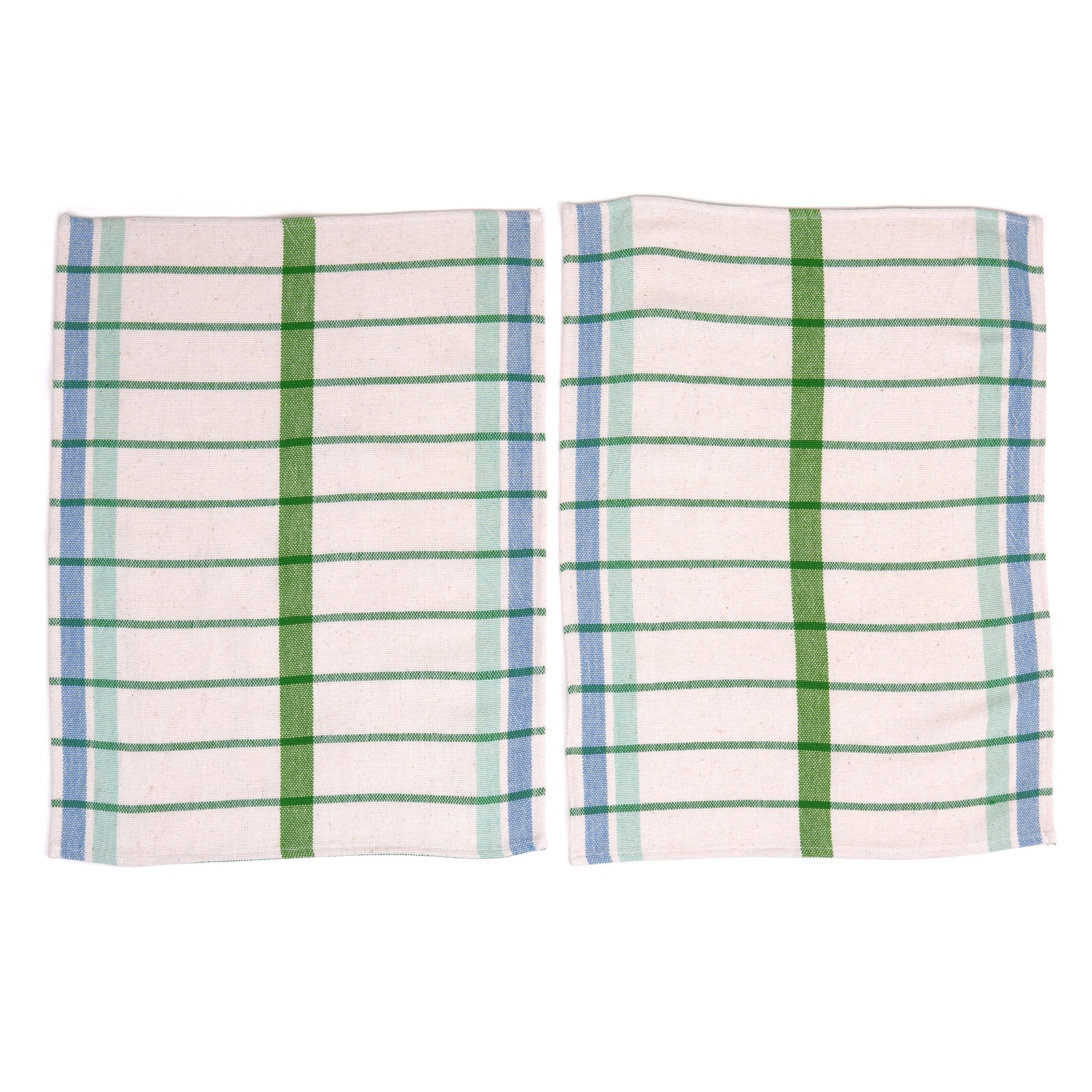 Two placemats with a white base, featuring a green vertical stripe, green horizontal stripes, and blue vertical stripes on a plain white background.