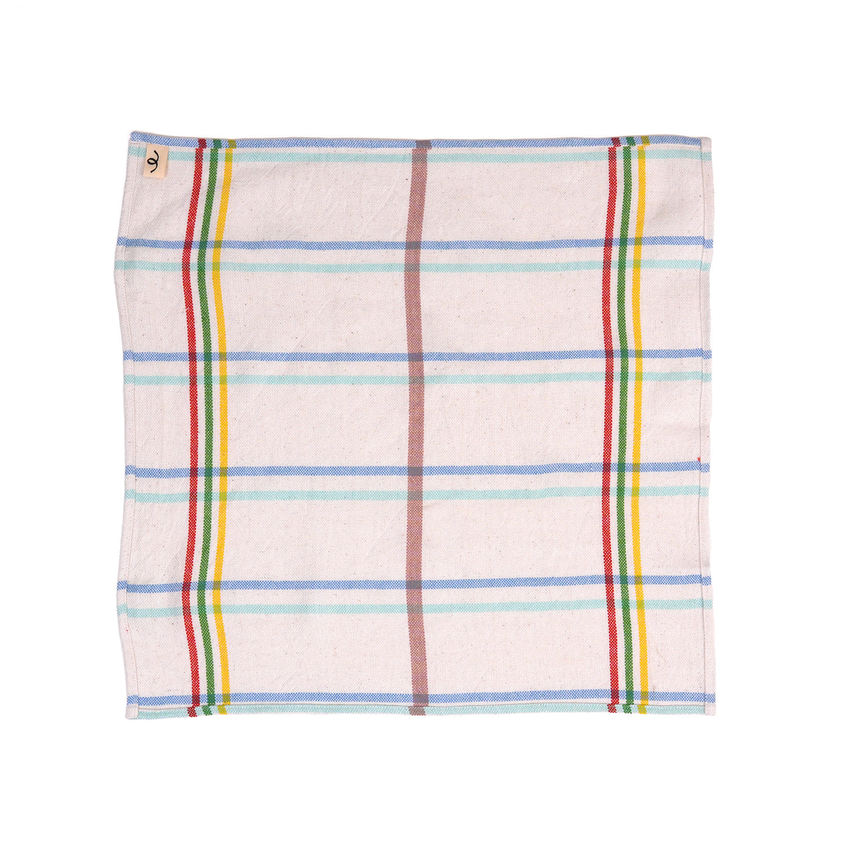 A square cotton napkin with a white base, featuring thin horizontal stripes in light blue, mint green, and dusty rose, accented by vertical stripes in red, yellow, and green. A small embroidered logo is visible on the top left corner.