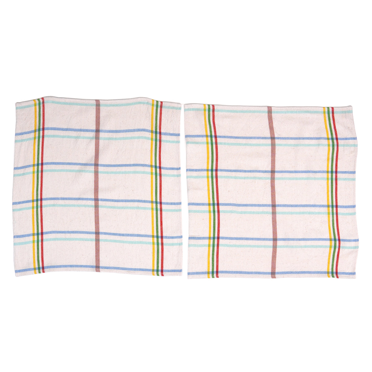 Two rectangular napkins with a white base and a multicolor plaid pattern of blue, green, red, yellow, and brown stripes, displayed side-by-side on a white background.