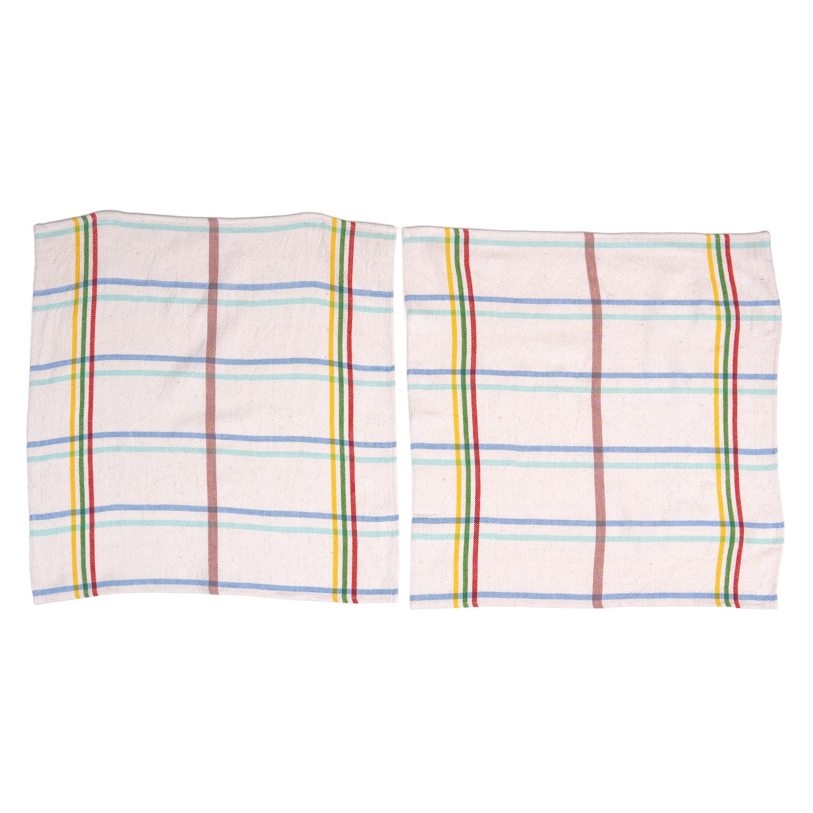 Two rectangular napkins with a white base and a multicolor plaid pattern of blue, green, red, yellow, and brown stripes, displayed side-by-side on a white background.