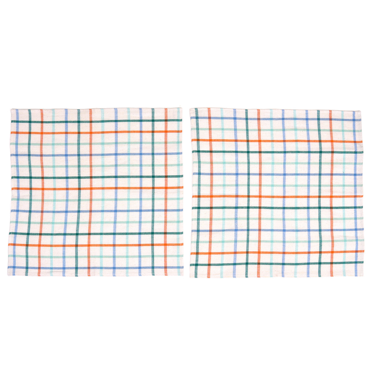 Two square white napkins with a colorful plaid pattern, displayed side-by-side on a plain white background.