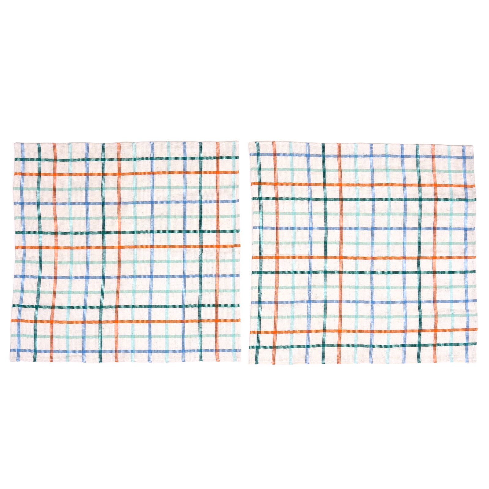 Two square white napkins with a colorful plaid pattern, displayed side-by-side on a plain white background.
