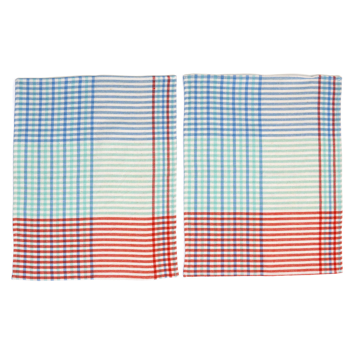 Two placemats with a plaid pattern, featuring blue and red stripes on a white background, displayed side-by-side on a plain white background.