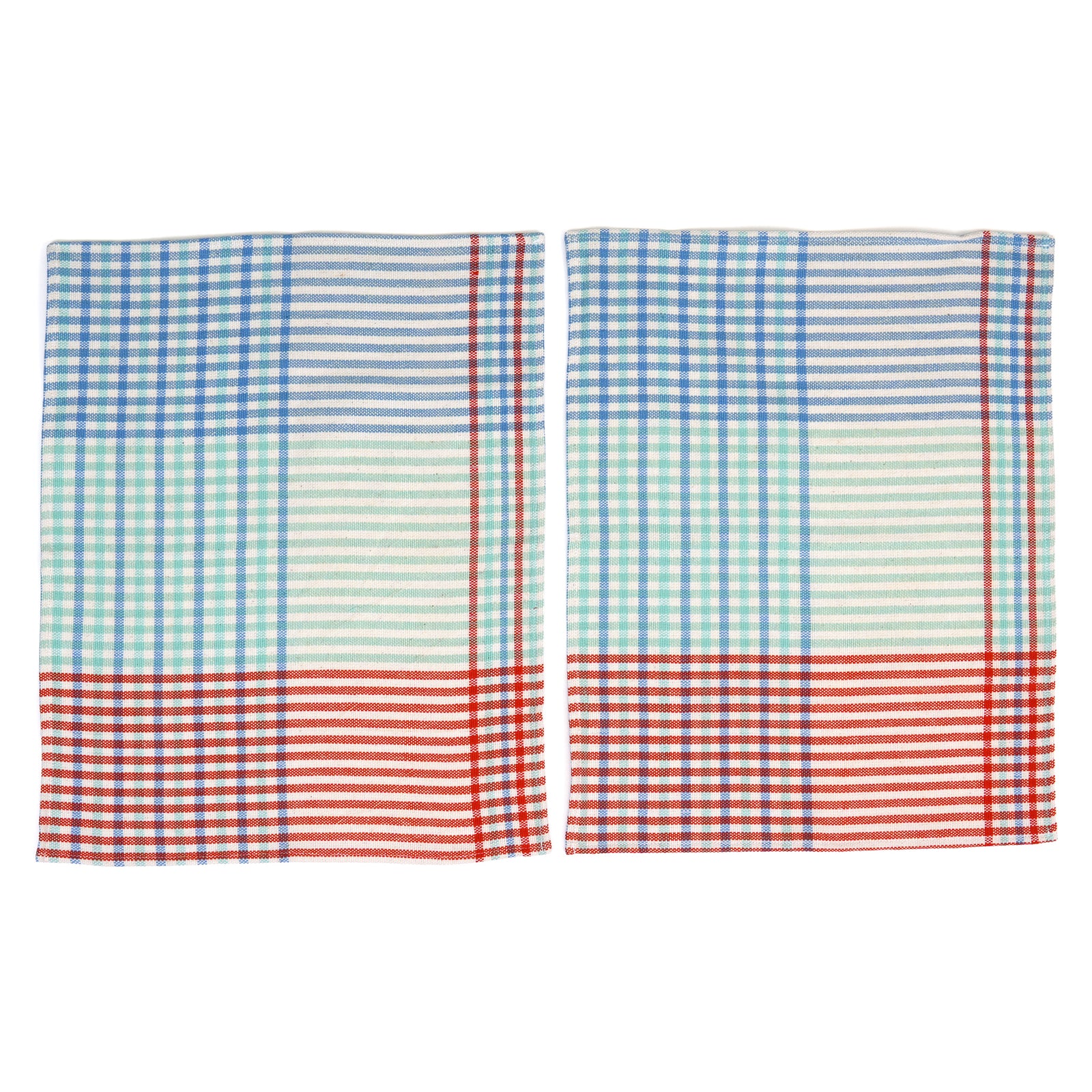 Two placemats with a plaid pattern, featuring blue and red stripes on a white background, displayed side-by-side on a plain white background.