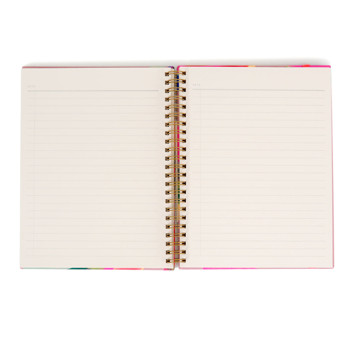 Notebook open with ruled pages.
