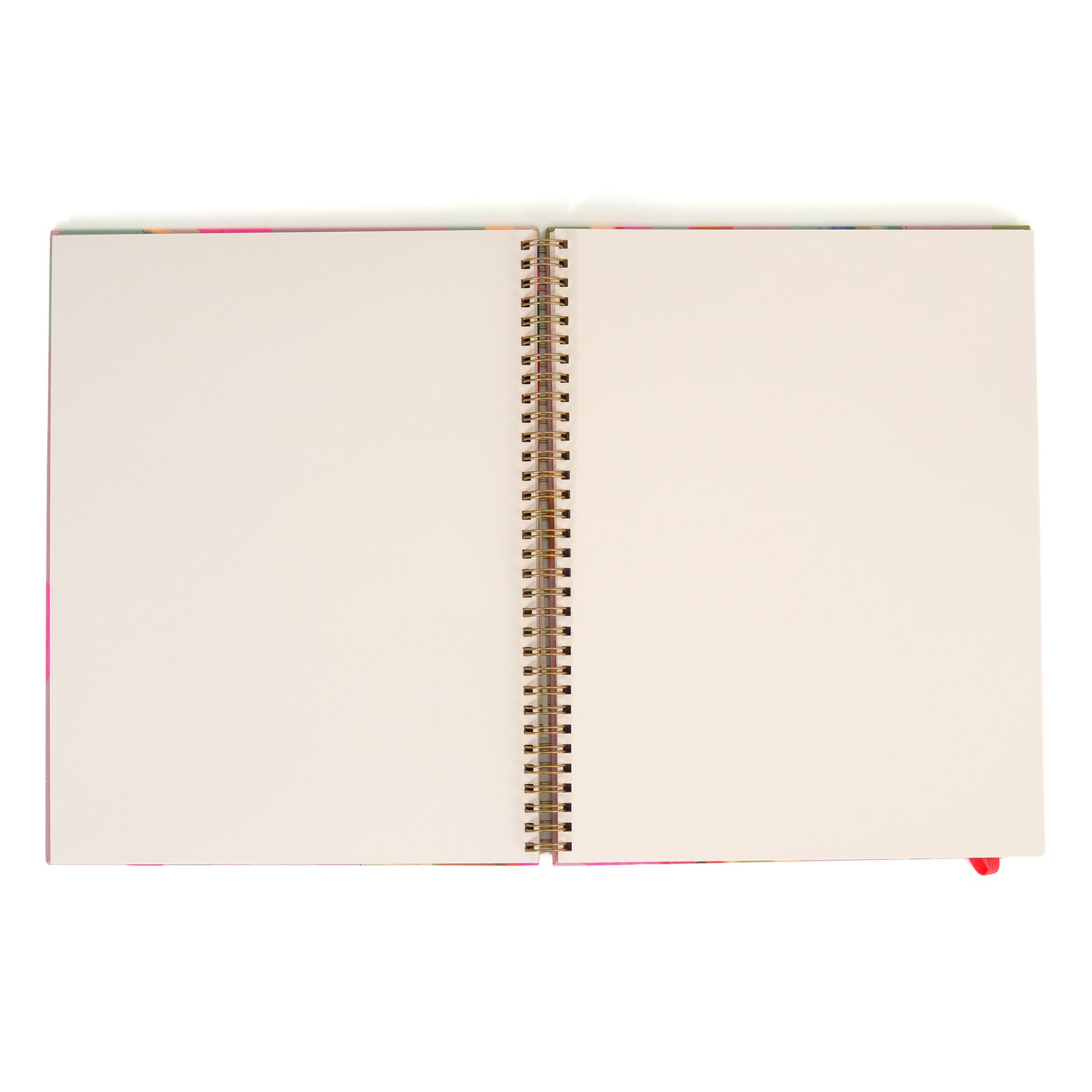 Colorful spiral-bound notebook with abstract design on a white background
