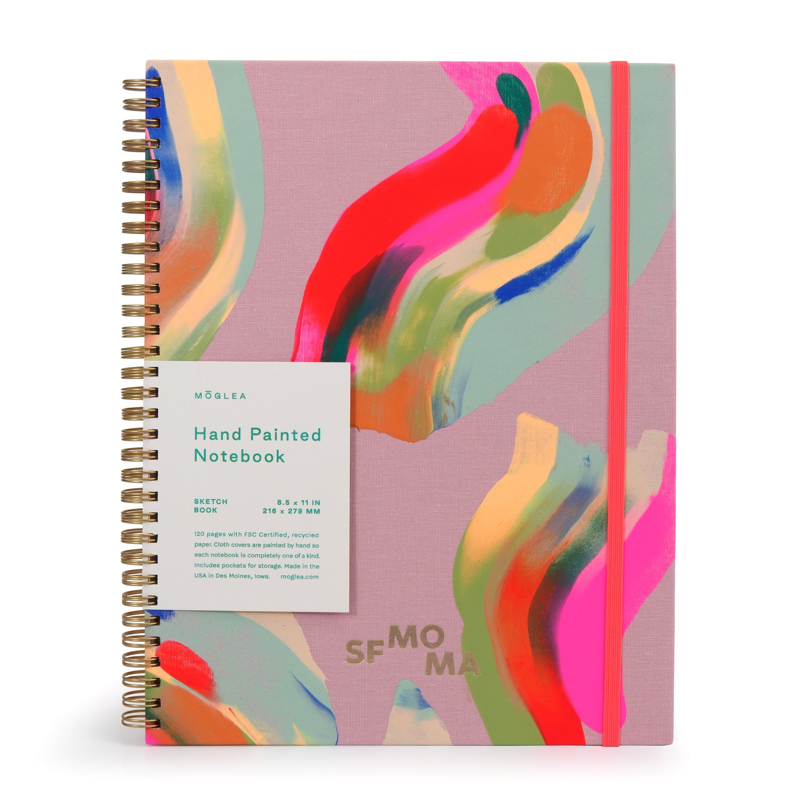 Colorful spiral-bound notebook with abstract design on a white background