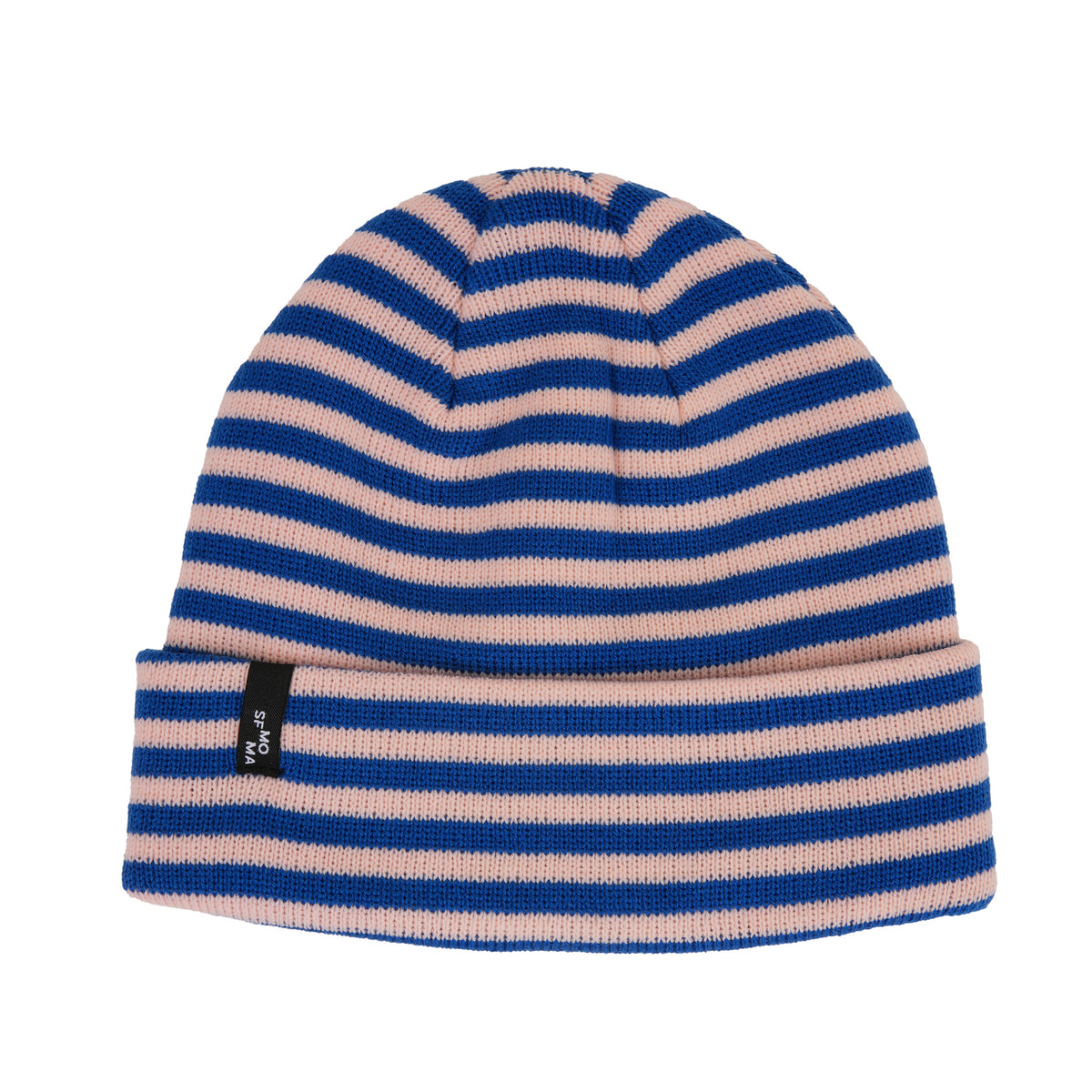 Blue and pink striped beanie on a white background